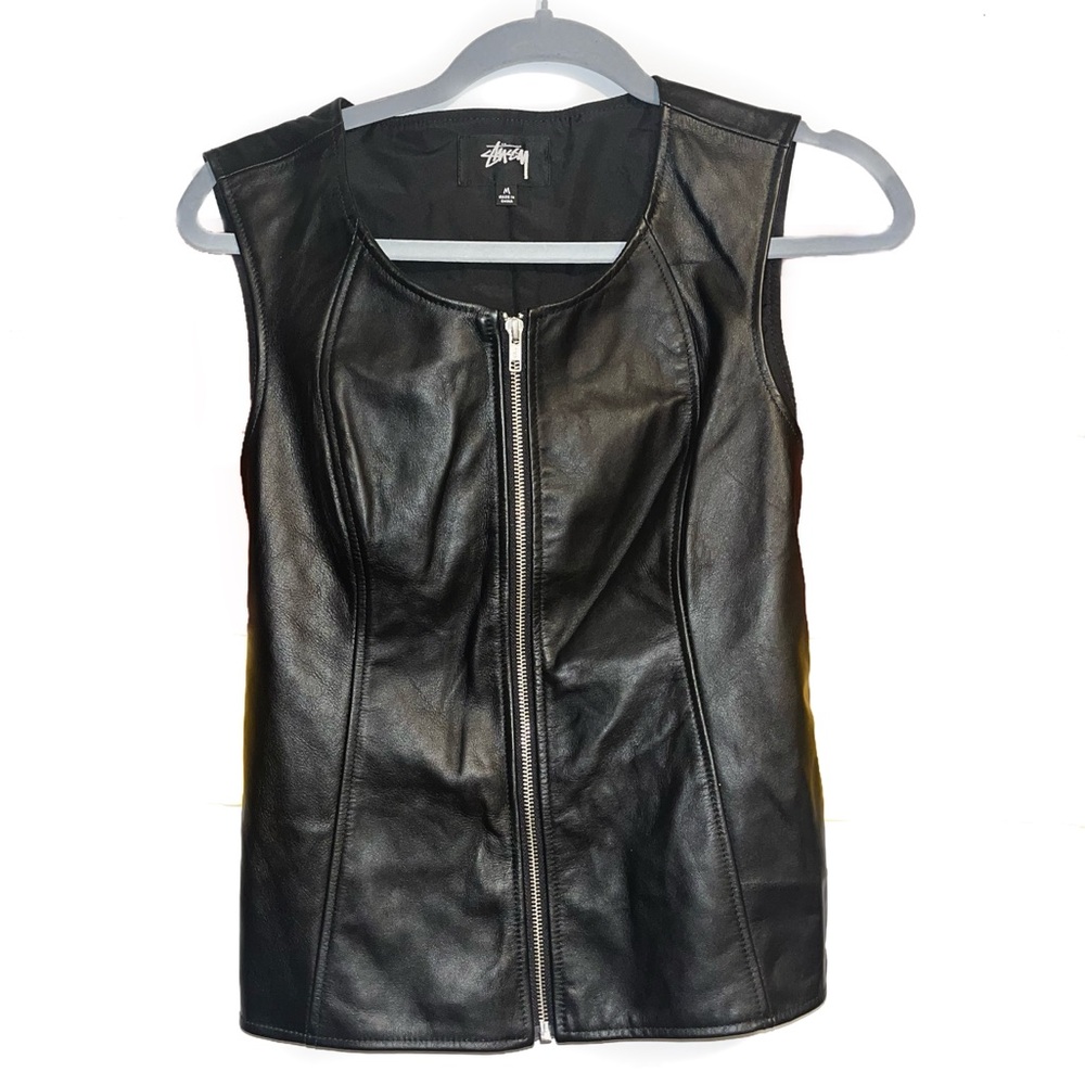 Stussy Black Leather Zip Up Vest Size Medium